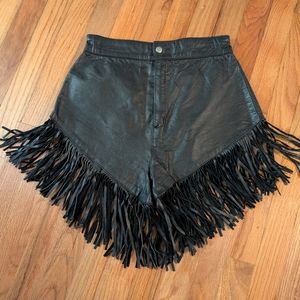 Black Fringe Leather Shorts. Biker